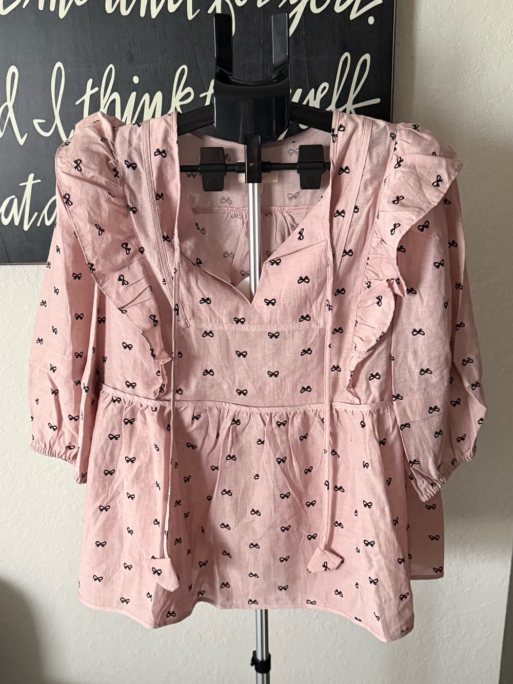 Umgee Blush Pink Ruffle Peplum Tie-Neck Blouse NWT